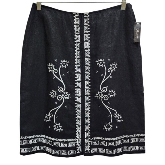 Parisian Skirt Womens 12 Black 100% Linen White Embroidered Zip Office Preppy - Picture 1 of 9